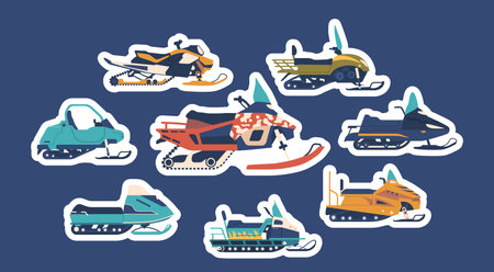 Set of Stickers with Snowmobiles, Winter Machines For Snowy Adventures With Powerful Engines And Skis For Smooth Glidesのイラスト素材