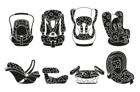 Black and White Booster And Children Car Seats. Essentials Provide Crucial Safety For Young Passengers, Lift Kidのイラスト素材
