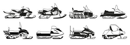 Black And White Snowmobiles. Winter Vehicles For Navigating Snow-covered Terrain, Feature Skis At The Frontのイラスト素材