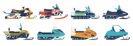 Snowmobiles Set, Motorized Vehicles For Snow Travel. They Feature Skis In The Front And A Continuous Track At The Rearのイラスト素材