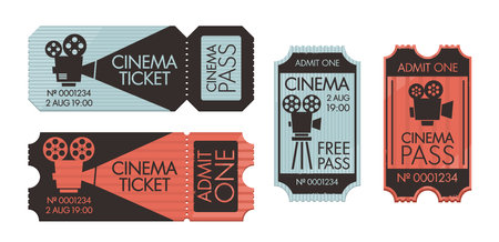 Vintage Cinema Tickets, Pass Coupons To Movie Theater, Retro Admit Card, Entry For Watching Film With Dateのイラスト素材