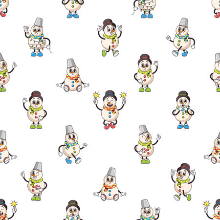 Delightful Seamless Pattern Featuring Charming Retro Snowman Characters, Evoking Nostalgia And Holiday Cheerのイラスト素材