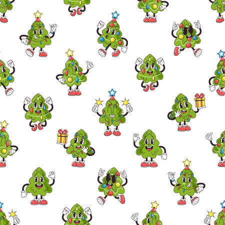 Groovy Christmas Tree Characters Dancing In A Seamless Pattern, Spreading Holiday Cheer With A Retro Twistのイラスト素材