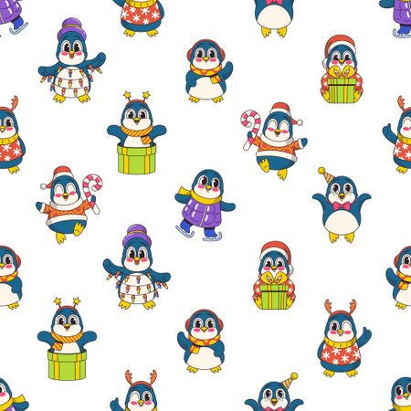 Charming Seamless Pattern Featuring Adorable Retro Penguins Characters In Various Poses And Outfits, Vector Illustrationのイラスト素材