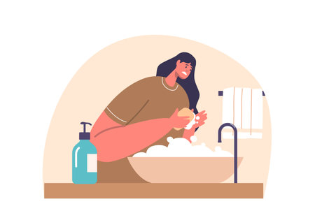 Woman with Obsessive-compulsive Disorder, Ritualistically Washing Hands, Driven By Relentless Fear, Vector Illustrationのイラスト素材