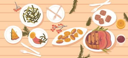 Sumptuous Feast Displayed From Top View. Golden Roast Meat, Steaming Potatoes, Rich Gravy, Cranberry Sauceのイラスト素材