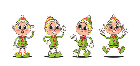 Retro Style Christmas Elves Cartoon Characters In Vintage Attire, Complete With Pointy Hats And Mischievous Grinsのイラスト素材