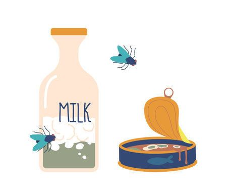 Spoiled Milk And Canned Fish With Flies Around. Dismal Food Set With A Pungent Odor And Unappetizing Appearanceのイラスト素材