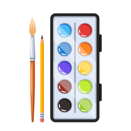 Watercolor Paints Box, Delicate Brushes, And Finely Sharpened Pencil, Tools For Crafting Vivid, Ethereal Artのイラスト素材