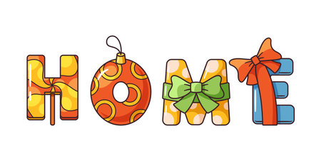 Festive Home Typography In A Cartoon Christmas Style Features Lollipop-striped Letters, Baubles, And Colorful Bowsのイラスト素材