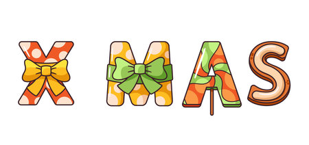 Cartoon Christmas Style Xmas Typography Features Playful, Festive Lettering With Vibrant Colors, Polka Dots, Bowsのイラスト素材