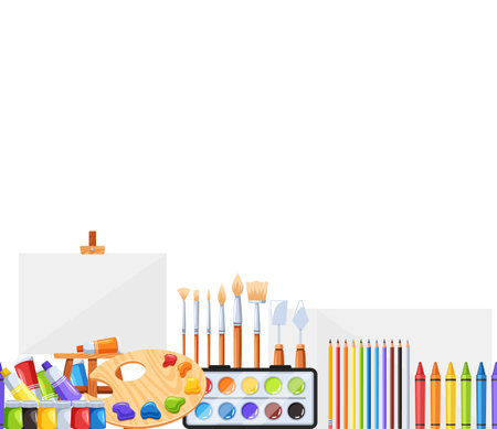 Seamless Pattern Featuring Various Artist Items Like Brushes, Palettes, Easels, And Paint Tubes, Tile Wallpaperのイラスト素材
