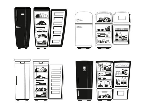 Refrigerators Black and White Icons set. Appliances That Cool Enclosed Spaces To Preserve Food And Beveragesのイラスト素材