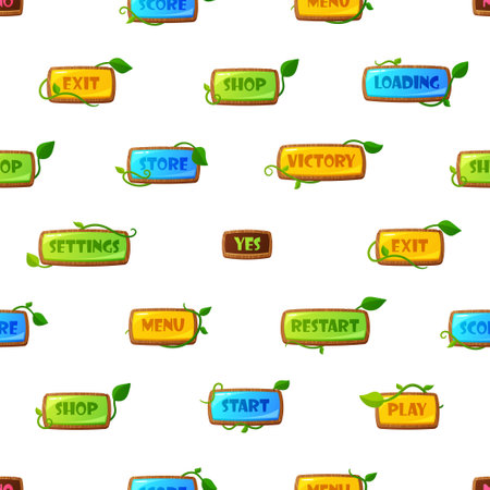 Seamless Pattern Featuring Vibrant Game Menu Buttons, Arranged In A Symmetrical Design, Vector...