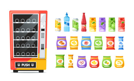 Colorful Vending Machine Offering A Tempting Array Of Snacks And Drinks. Rows Of Enticing Products, From Chips To Sodasのイラスト素材