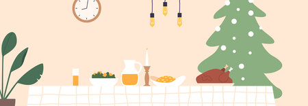 Festive Christmas Table With Sparkling Decorations, Candles And Feast Of Delicious Dishes, Creating Inviting Atmosphereのイラスト素材