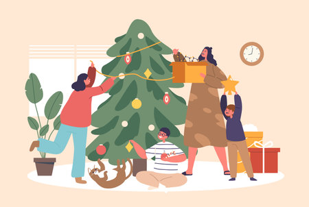 Joyful Mother And Children Gather Around, Adorning Christmas Tree With Sparkling Ornaments And Twinkling Lightsのイラスト素材