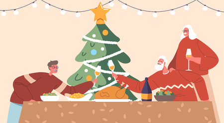 Gathered Around A Festive Table, Family Celebrates Christmas With Joy And Warmth, Grandparents and Grandsonのイラスト素材