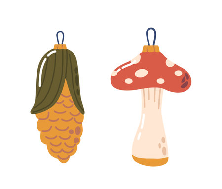 Christmas Tree Toys, Corn Cob and Amanita Mushroom, Shimmering In Festive Hues. A Joyful Medley Of Sparkling Shapesのイラスト素材