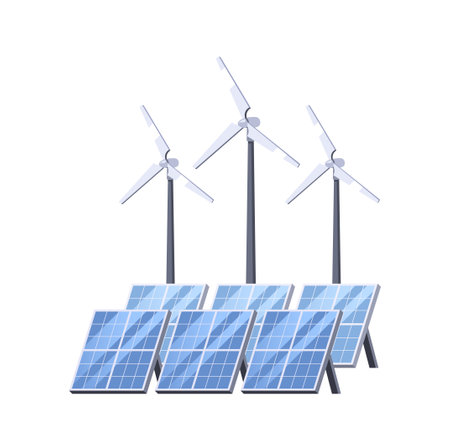 Wind Turbines Rotates and Solar Panels Captures Sunlight. Concept of Clean Energy Generation, Vector Illustrationのイラスト素材