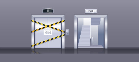Broken Elevator Closed For Repair Or Maintenance and Exit Doorway with Stairs, Realistic 3d Mockup. Caution Signのイラスト素材