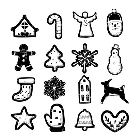Black and White Festive Christmas Gingerbread Cookies With Icing. Tree, Star, Man, Snowflake, Angel, Candy Caneのイラスト素材