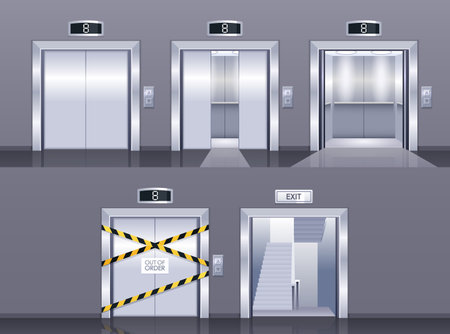 Realistic Opened, Ajar, Closed And Broken Metallic Elevator Doors For Office Building And Other Constructions, 3d Setのイラスト素材