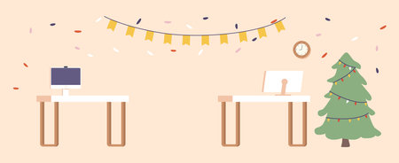 Office Interior With Desks, Festive Lights, Christmas Tree, And Decorations For Corporate Christmas Party, Backgroundのイラスト素材