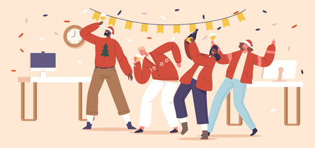 Corporate Christmas Party With Colleague Characters Gathered In Festive Attire. Laughter Fill The Air As They Celebrateのイラスト素材