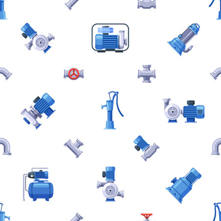 Seamless Pattern Featuring Pipes, Faucets, And Water Pumps, Symbolizing A Comprehensive Water Supply Systemのイラスト素材