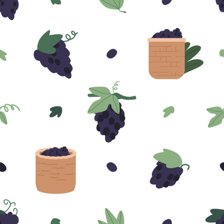Seamless Pattern Featuring A Bountiful Harvest Of Ripe Grapes, Intricately Woven With Vines And Leaves, Vector Tileのイラスト素材