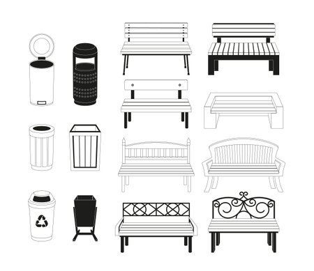 Park Benches and Garbage Baskets Isolated Black and White Icons Set. Urban Items Ensure A Clean Environmentのイラスト素材