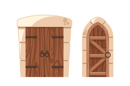 Arched and Rectangular Medieval Doors With Iron Knobs And Weathered Wood. Imposing Castle Doorways, Vector Illustrationのイラスト素材