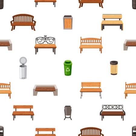 Seamless Pattern Featuring Street Benches And Garbage Bins Intertwined In A Symmetrical And Repetitive Designのイラスト素材