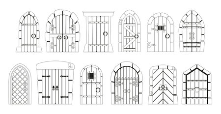 Elegant Black And White Medieval Doors Icons Exude Timeless Charm, Featuring Intricate Details, Outline Illustrationのイラスト素材