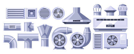 Ventilation Elements For Air Circulation. Vents, Pipes, Fans And Air Ducts, Ensuring Fresh Airflow, Optimal Conditionsのイラスト素材