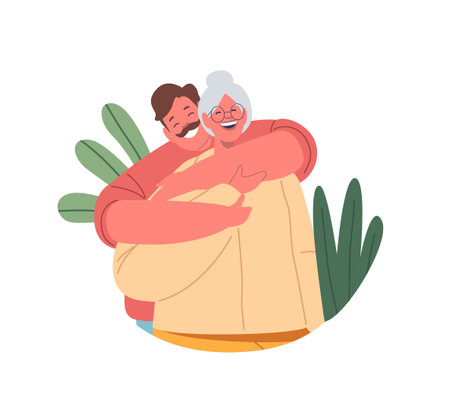 Loving Man Embraces His Elderly Mother, Heartfelt Moment, Characters Connection Evident In Warmth Of Their Hugのイラスト素材
