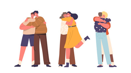 Male And Female Characters, Friends Or Relatives In Warm Embrace, Hearts Connect In A Tight Hug. Arms Wrappedのイラスト素材