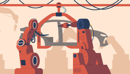 Metallic Robot Arms Swiftly Assemble Cars On A Factory Conveyor, Synchronized Precision And Fitting Partsのイラスト素材
