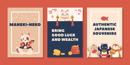 Colorful Banners With Lucky Cats Maneki Neko, Bringing Prosperity And Good Fortune. Their Beckoning Pawsのイラスト素材