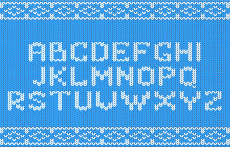 Knitted Christmas Font, Cozy And Festive Typography. Vector White Alphabet Letters on Blue Norway Knitwear Backgroundのイラスト素材