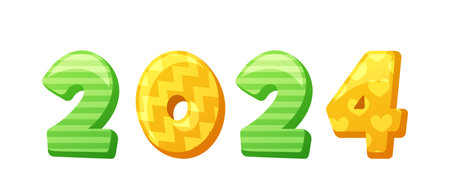 Number 2024 In Bubbly, Playful Cartoon Font. Two Thousand Twenty-four. Bright Colors, Friendly Curves, Vectorのイラスト素材