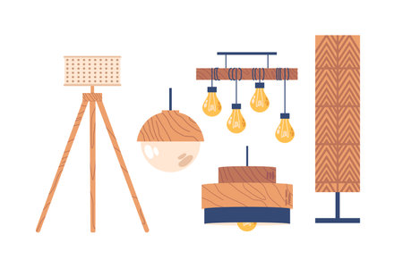 Set Of Lamps, Ceiling Bulbs And Floor Torcheres Of Modern Design With Shades. Electric Supplies For Home Decorのイラスト素材