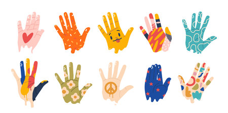 Painted Hands Creates A Vibrant Mosaic Of Expression, Each Hand Adorned With Colorful Patterns. Concept Of Kids Festivalのイラスト素材