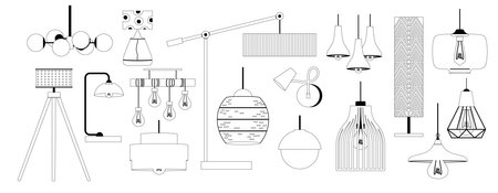 Sleek And Contemporary Modern Home Lamps Monochrome Vector Linear Icons Set Features Minimalist Designsのイラスト素材
