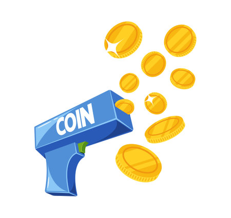 Money Gun, Playful Handheld Device That Shoots Golden Coins S Into The Air, Adding Excitement To Events, Vectorのイラスト素材