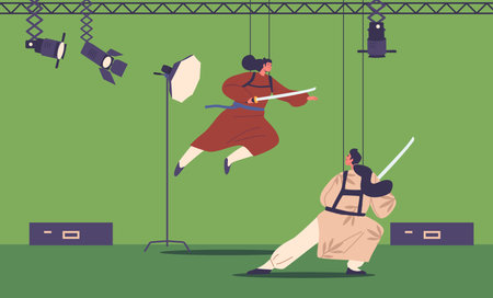 Actor Characters Perform Intense Samurai Battle in The Movie Studio during Filming Process, Vector Illustrationのイラスト素材