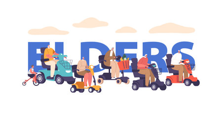 Active Senior Characters Joyfully Ride Scooters, Their Spirited Journey Embodies Vitality, Breaking Age Stereotypesのイラスト素材
