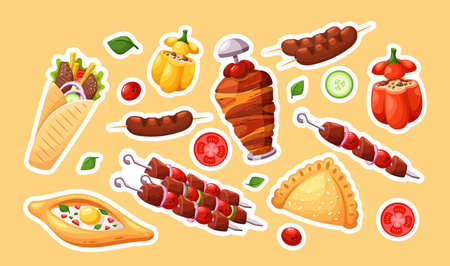 Cartoon Vector Stickers Set Of Eastern Food. Kebabs, Khachapuri, Stuffed Bell Pepper And Shawarma With Bold Flavorsのイラスト素材
