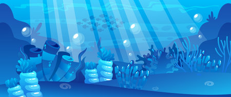 Underwater World Background Featuring Coral Reefs, Playful Sea Creatures, And Clear Blue Waters. An Enchanting Settingのイラスト素材